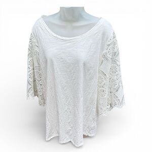 Umgee White Cotton Tee with Crochet Lace Sleeves – Size 2XL
